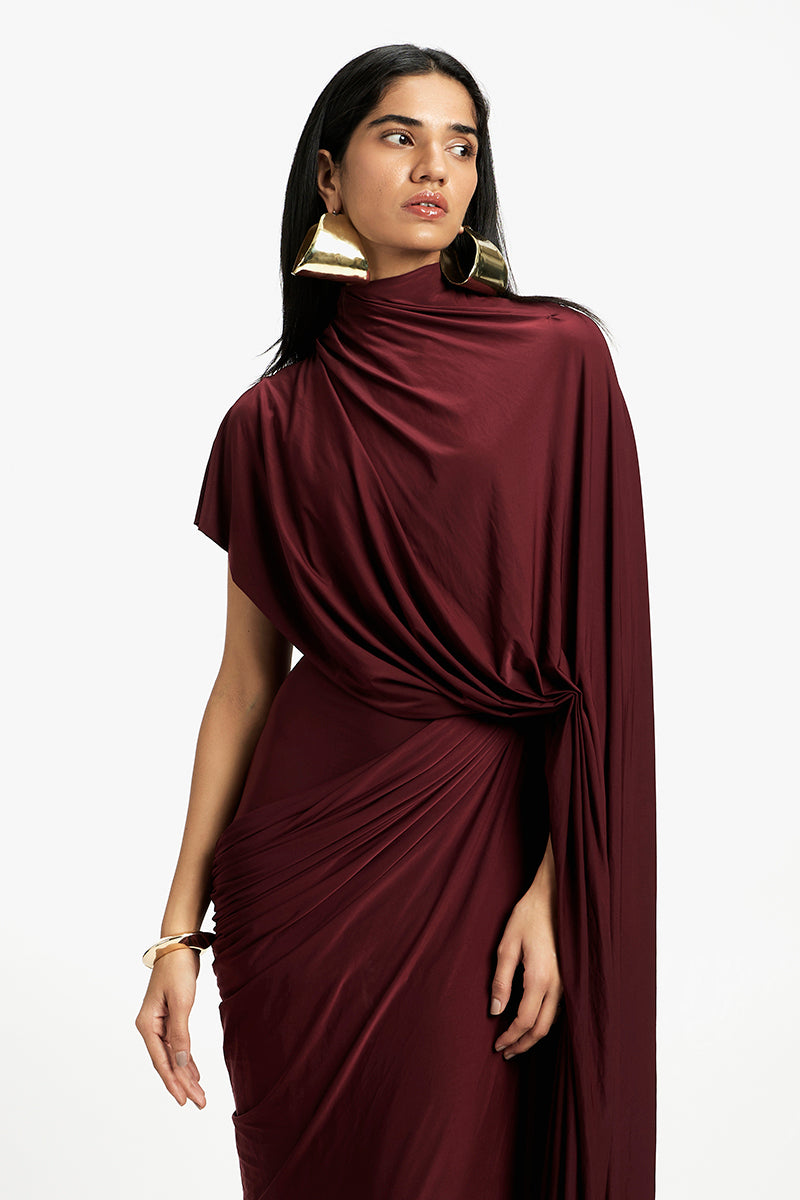 Deme By Gabriella Daphne draped maxi dress in flowy fabric with a stylish silhouette, perfect for elegant summer occasions.