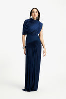 Deme By Gabriella Bloom draped maxi dress with flowing fabric and elegant design, shown in a full-length view.