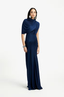Deme By Gabriella Bloom draped maxi dress featuring flowing fabric and elegant design, perfect for formal or summer occasions.