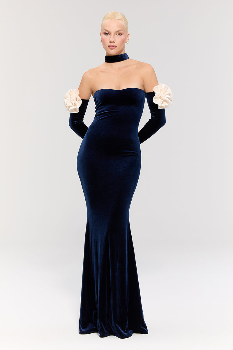 Nur Karaata Versailles Rose Navy gown featuring elegant rose and navy fabric with intricate details for formal occasions.