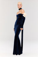 Nur Karaata Versailles Rose Navy gown featuring elegant rose and navy fabric with intricate detailing and flowing design.
