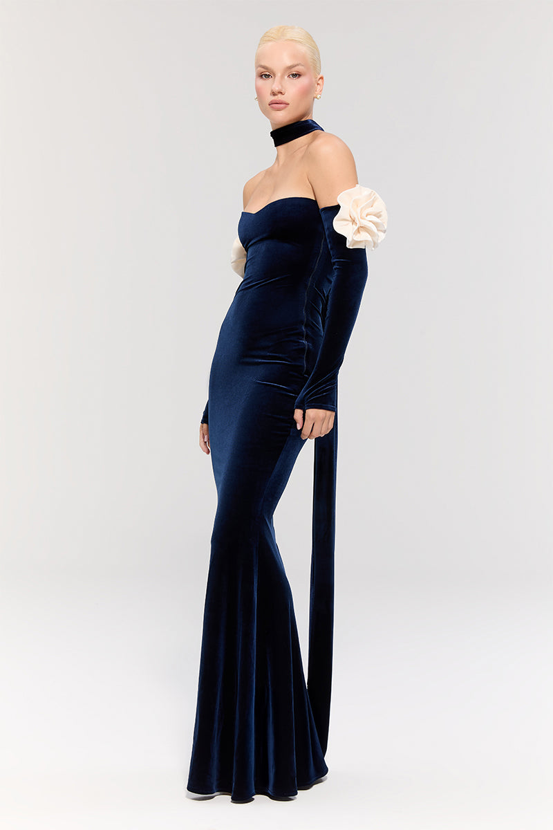 Nur Karaata Versailles Rose Navy gown featuring elegant rose and navy fabric with intricate detailing and flowing design.