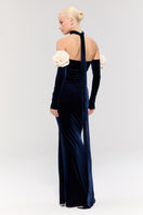 Nur Karaata Versailles Rose Navy gown, elegant evening dress with rose and navy fabric, detailed design, shown on model.
