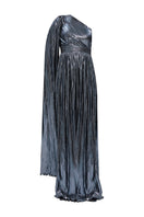 Elegant navy blue BAGLIONI SAPPHIRE gown by Nur Karaata featuring intricate lace details and a flowing silhouette.