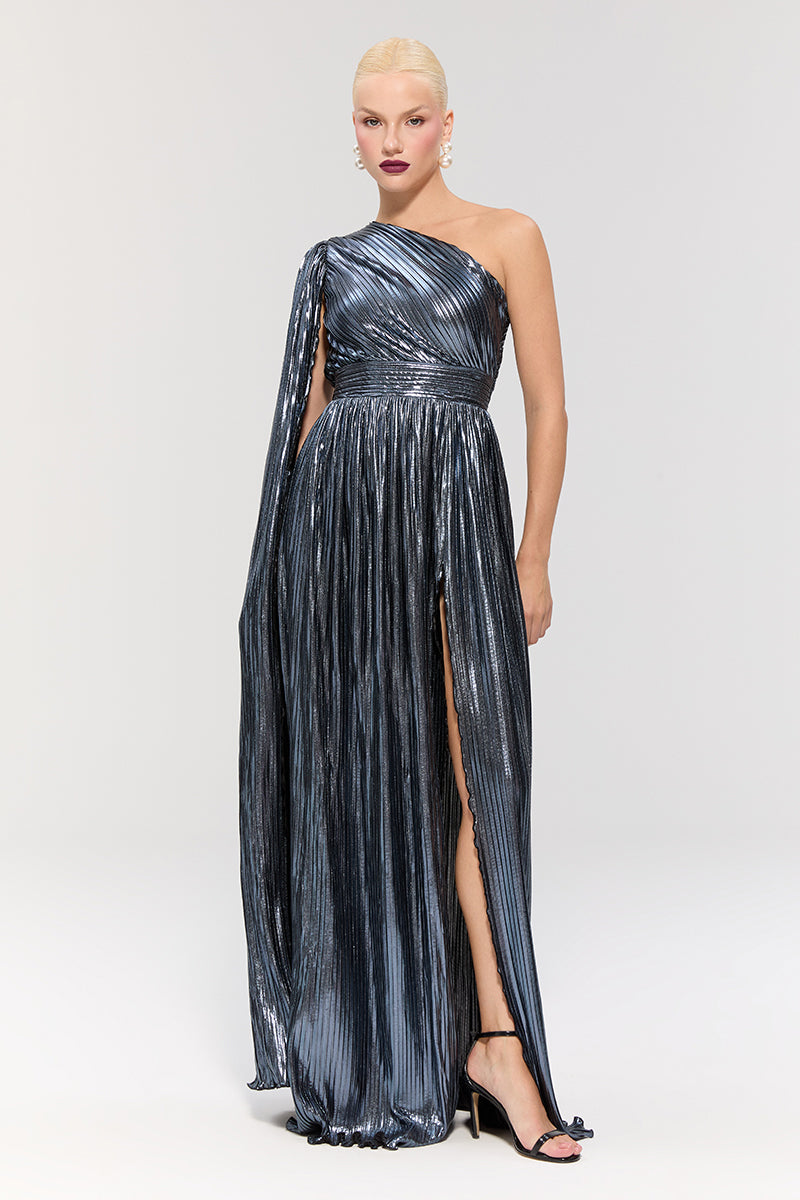 Elegant navy blue BAGLIONI Sapphire Gown by Nur Karaata featuring intricate beading and flowing fabric, perfect for formal occasions.