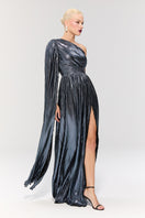 Elegant Nur Karaata Baglioni Sapphire Gown with intricate detailing, flowing fabric, and sophisticated design for formal events.