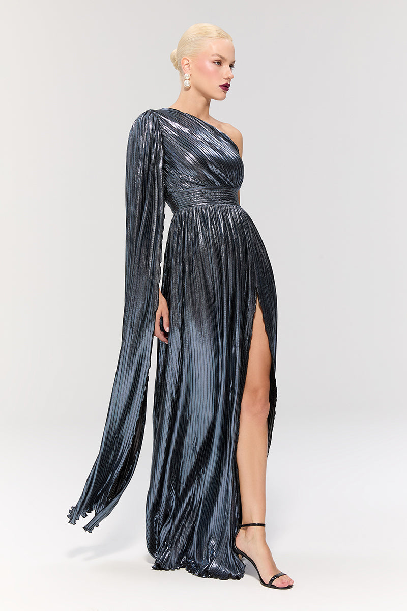 Elegant Nur Karaata Baglioni Sapphire Gown with intricate detailing, flowing fabric, and sophisticated design for formal events.