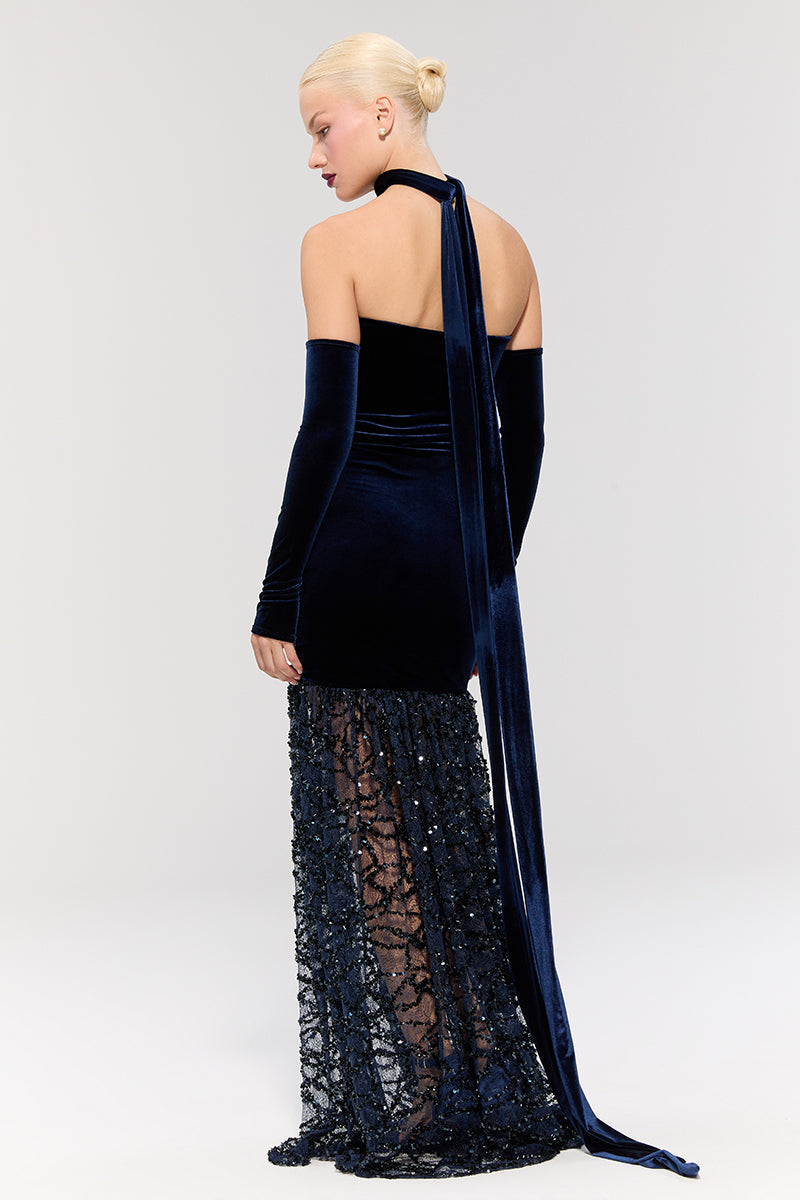 Nur Karaata Amethyst Dynasty gown featuring intricate design and flowing fabric, perfect for elegant occasions.