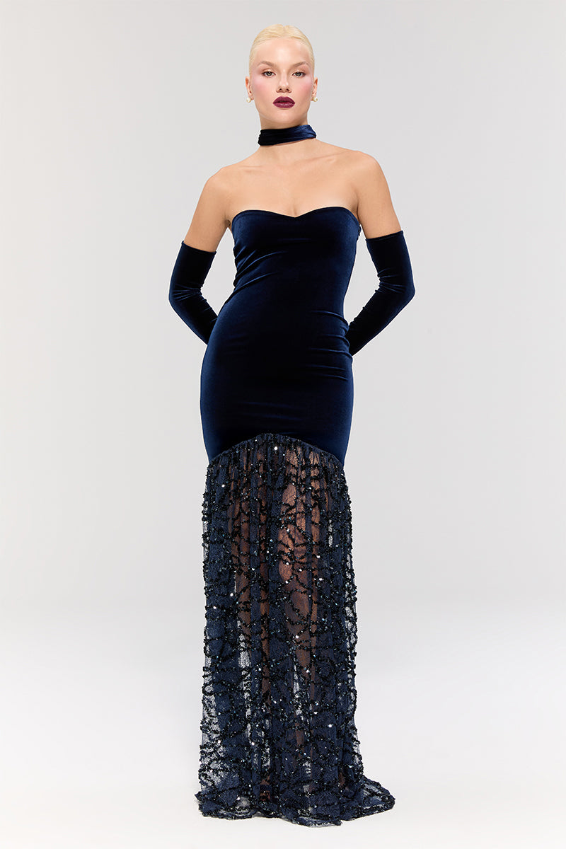 Nur Karaata Amethyst Dynasty Gown with intricate embroidery and flowing fabric, perfect for elegant occasions.
