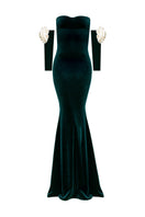 Elegant Nur Karaata Versailles Rose Green gown with flowing fabric and intricate details, perfect for formal occasions.