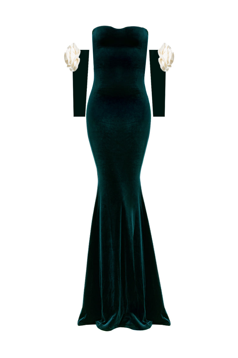 Elegant Nur Karaata Versailles Rose Green gown with flowing fabric and intricate details, perfect for formal occasions.