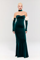 Nur Karaata Versailles Rose Green gown displayed with elegant fabric and intricate design details in a luxurious evening wear style.