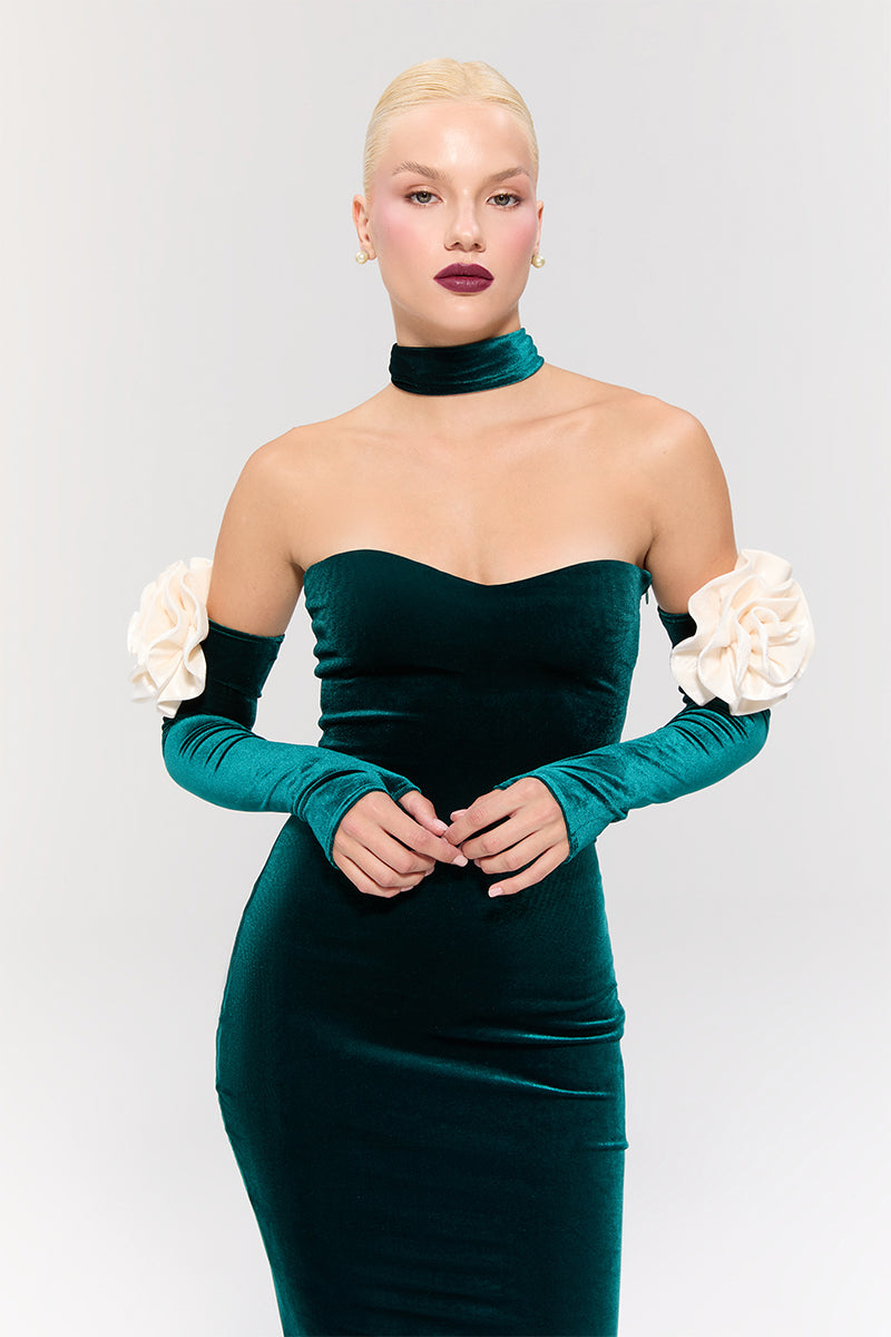 Nur Karaata Versailles Rose Green gown, elegant floral green gown with intricate details, perfect for formal occasions.