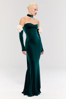 Nur Karaata Versailles Rose Green gown featuring elegant floral design and flowing fabric, perfect for formal occasions.