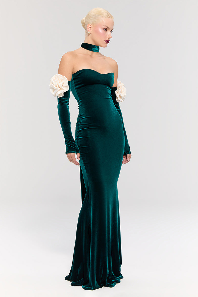 Nur Karaata Versailles Rose Green gown featuring elegant floral design and flowing fabric, perfect for formal occasions.