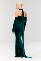 Nur Karaata Versailles Rose Green gown with elegant flowing fabric and intricate design, perfect for formal occasions.