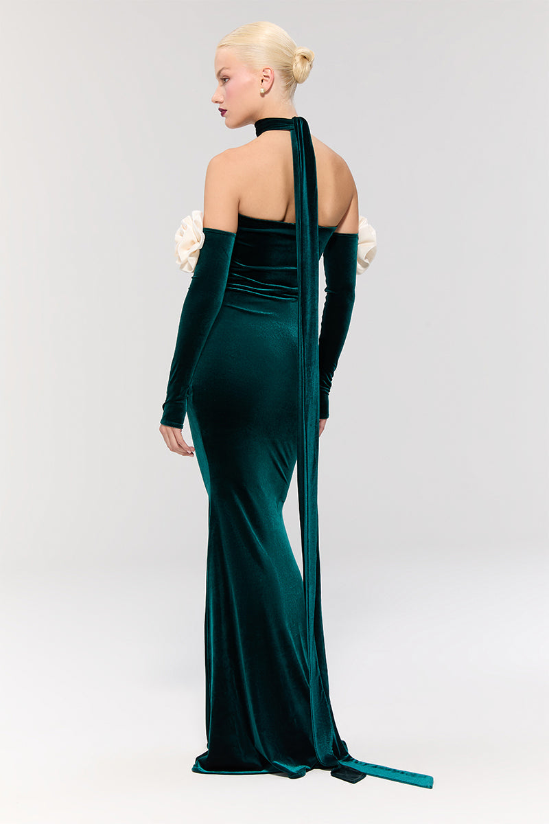 Nur Karaata Versailles Rose Green gown with elegant flowing fabric and intricate design, perfect for formal occasions.