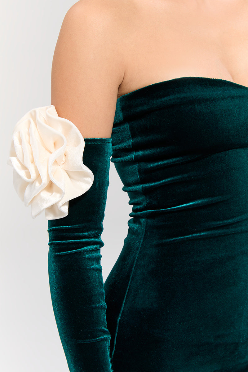 Nur Karaata Versailles Rose Green Gown featuring elegant floral design and flowing fabric, perfect for formal occasions.