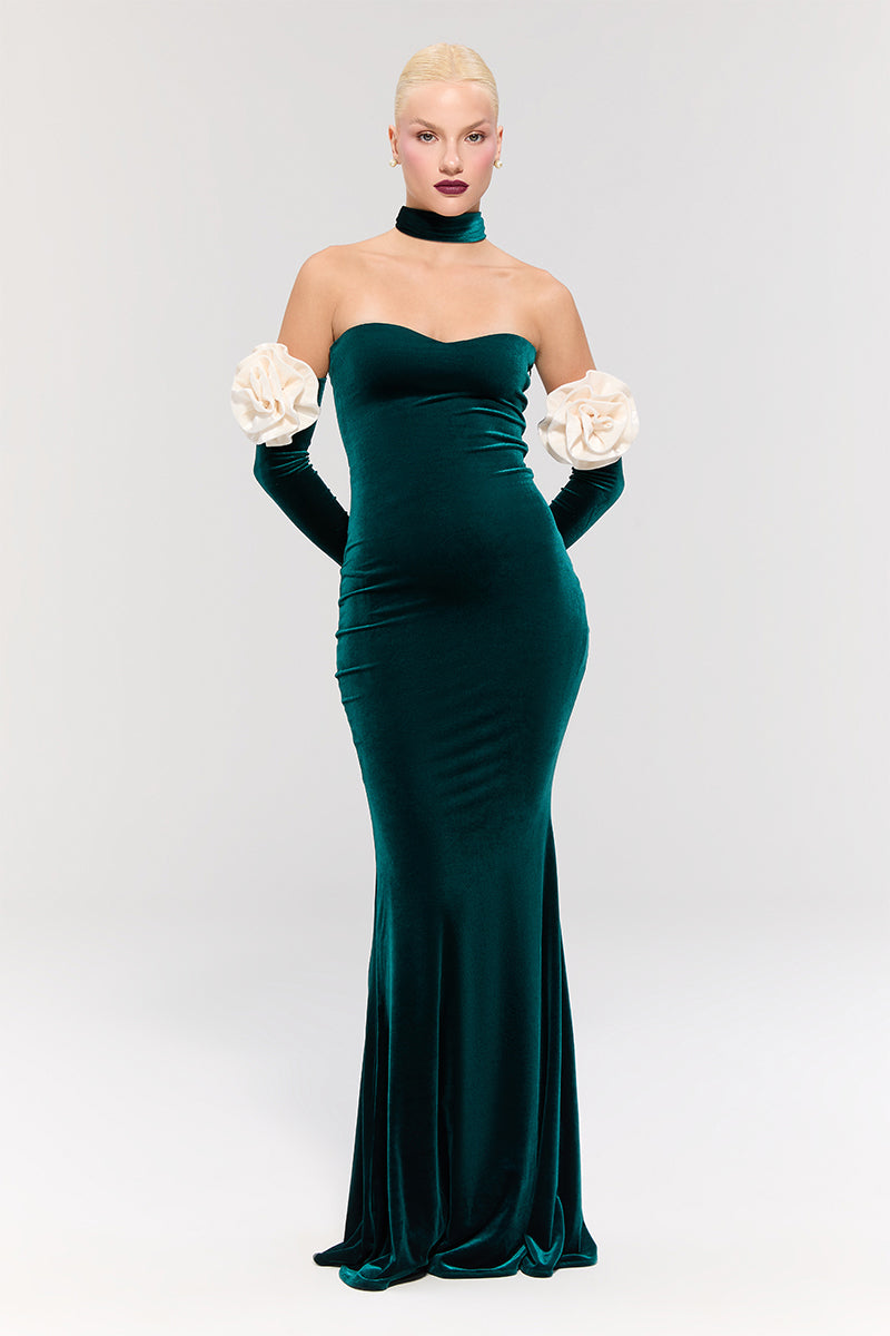 Nur Karaata Versailles Rose Green gown featuring elegant floral design and flowing fabric, perfect for formal occasions.