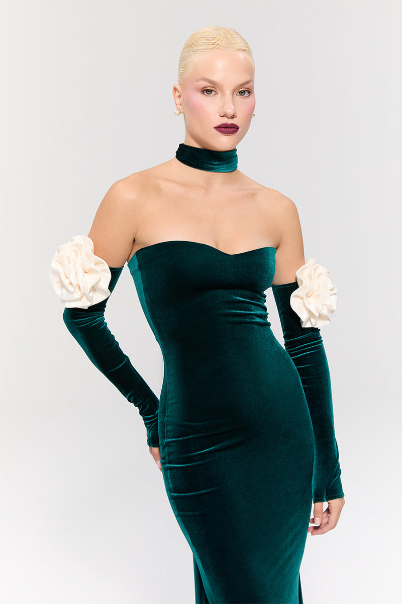 Nur Karaata Versailles Rose Green Gown with elegant floral design and flowing fabric, perfect for formal occasions.