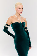 Elegant navy blue Dynasty Necklace gown by Nur Karaata, featuring intricate embroidery and a flowing silhouette.