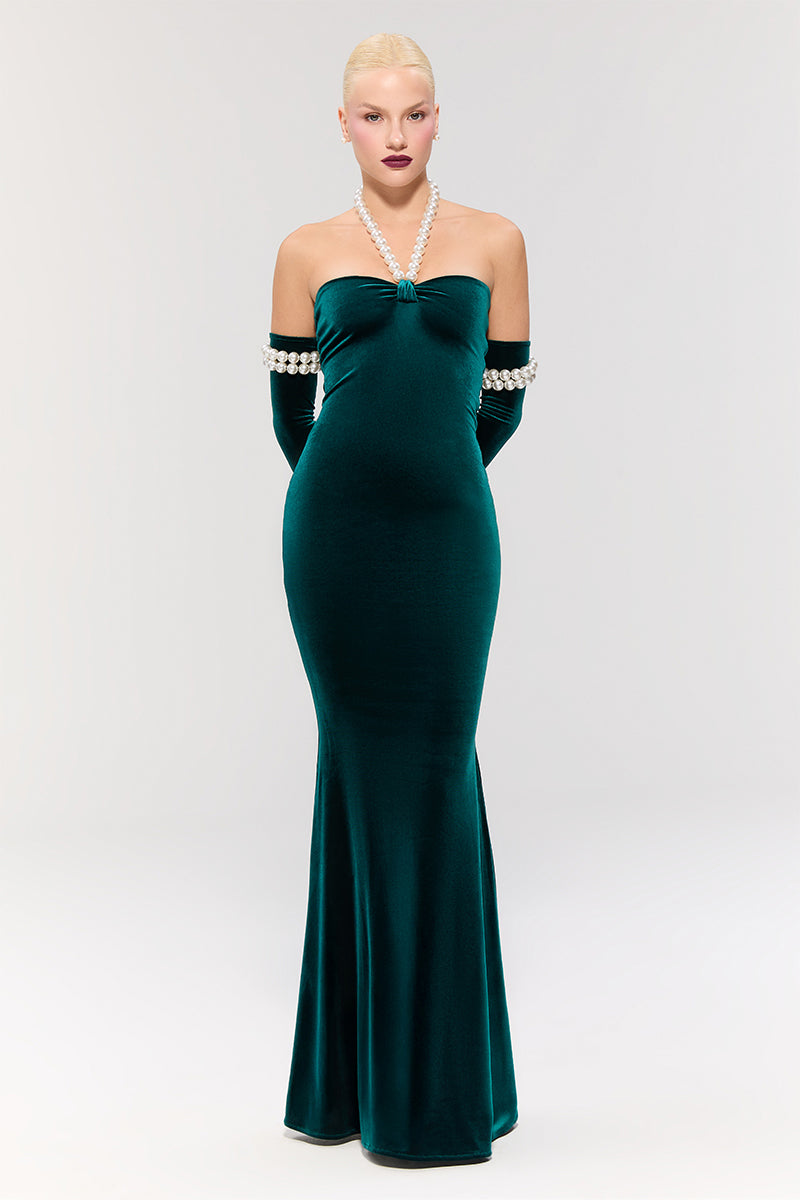 Elegant Nur Karaata Dynasty Necklace gown with intricate detailing and flowing fabric, perfect for formal occasions.