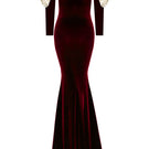 Nur Karaata Versailles Rose Burgundy gown featuring elegant fabric and intricate detailing, perfect for formal occasions.
