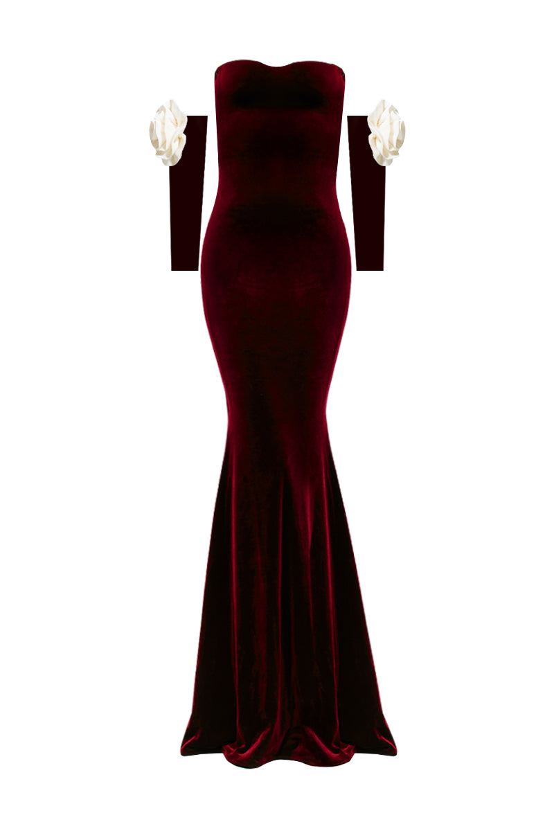 Nur Karaata Versailles Rose Burgundy gown featuring elegant fabric and intricate detailing, perfect for formal occasions.