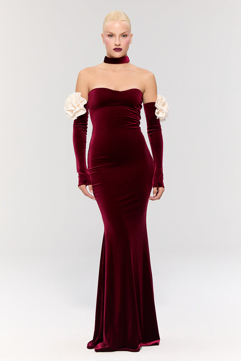 Nur Karaata Versailles Rose Burgundy gown, elegant evening dress with flowing fabric and intricate detailing, shown in Look 46.