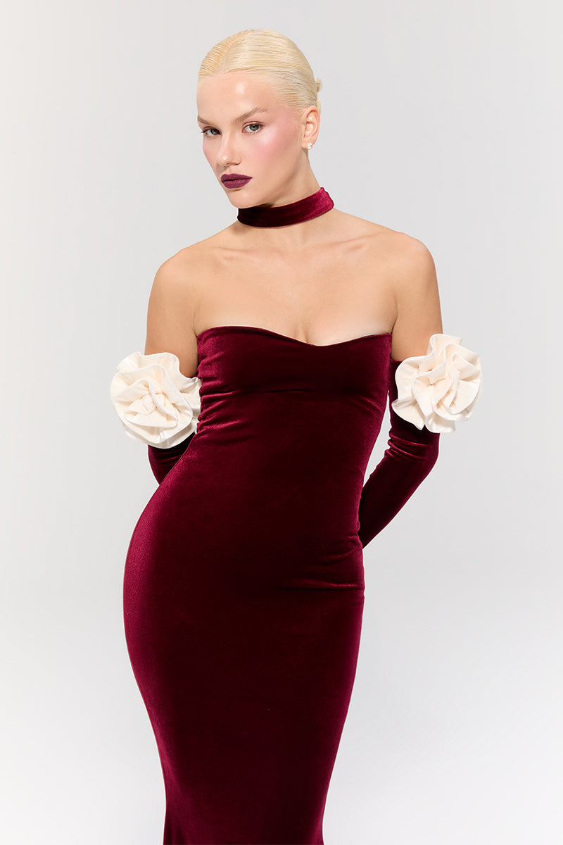 Nur Karaata Versailles Rose Burgundy gown featuring elegant fabric and intricate design details.
