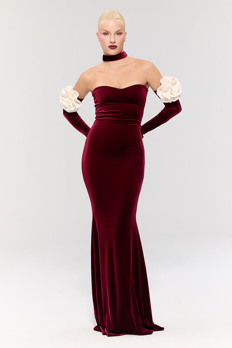 Nur Karaata Versailles Rose Burgundy gown, elegant evening dress with flowing fabric and intricate details, shown in Look 46, image 3.