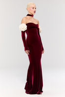 Nur Karaata Versailles Rose Burgundy gown featuring elegant fabric and intricate design, perfect for formal occasions.
