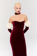Nur Karaata Versailles Rose Burgundy gown featuring elegant, flowing fabric and intricate design details in deep rose burgundy color.