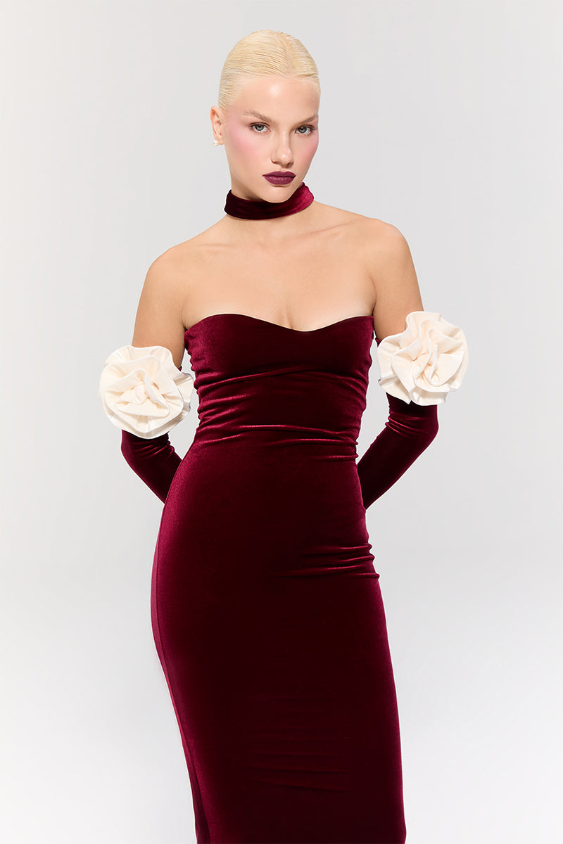 Nur Karaata Versailles Rose Burgundy gown featuring elegant, flowing fabric and intricate design details in deep rose burgundy color.