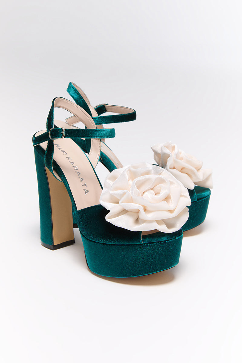 Nur Karaata Bloom Green Heels showcasing stylish high-heeled shoes with vibrant green color and elegant design.