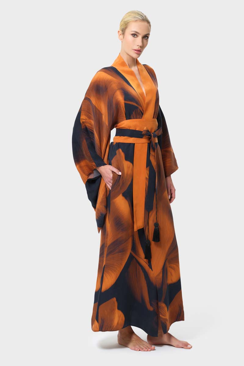 niLuu LoreN Anya oriental kimono robe displayed from the side, featuring elegant fabric and intricate design details.