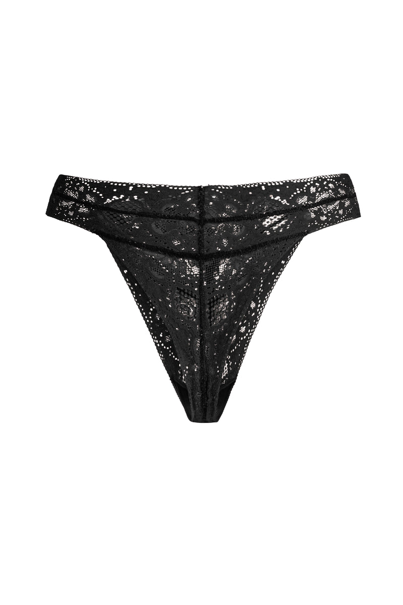 Black Scarlett Gasque Lorelei Thong underwear shown from the back with minimal design and adjustable straps.