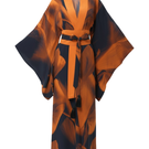Niluu Loren Anya Oriental kimono robe with floral patterns, lightweight fabric, and wide sleeves, displayed on a hanger.