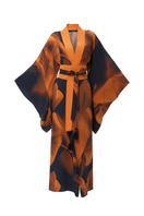 Niluu Loren Anya Oriental kimono robe with floral patterns, lightweight fabric, and wide sleeves, displayed on a hanger.