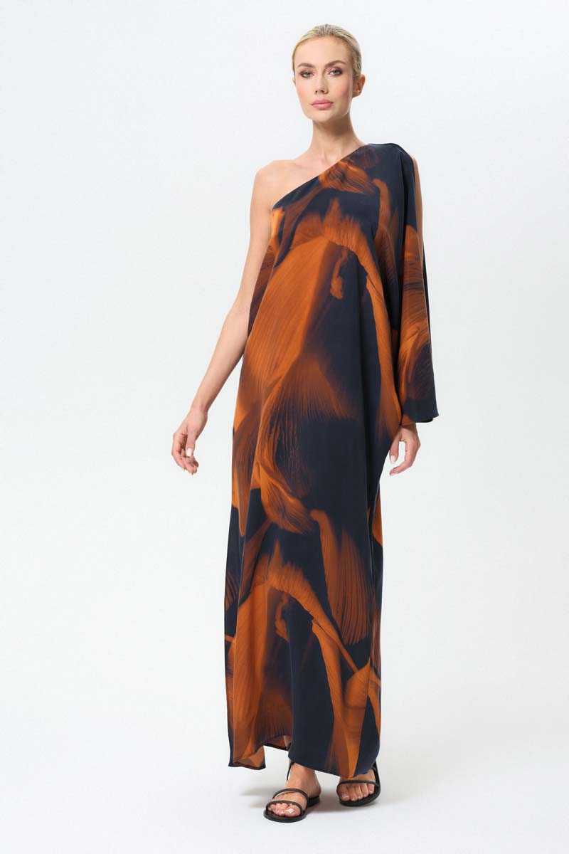 NiLuu Loren one-shoulder maxi dress, elegant black dress with flowing fabric and asymmetric neckline, perfect for formal occasions.