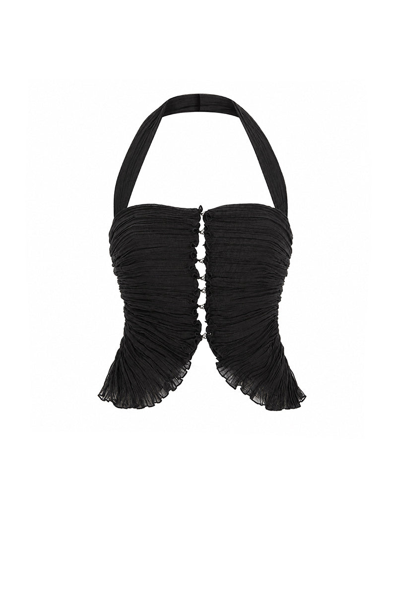 Black Lotus Leaf Mini Top by Stolen Stores, stylish sleeveless crop top with a lotus leaf design, perfect for trendy casual outfits.