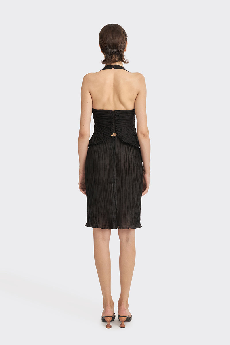 Black lotus leaf mini top by Stolen Stores, sleeveless design with a stylish, flowy silhouette perfect for casual wear.