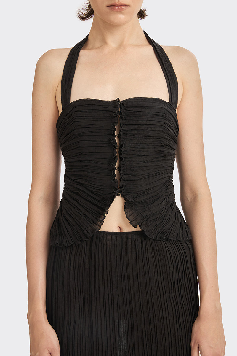 Black lotus leaf mini top by Stolen Stores, stylish sleeveless crop top with a unique leaf-shaped design.