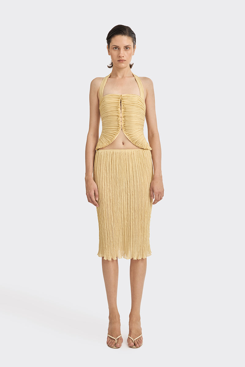 Yellow mustard lotus leaf mini top by Stolen Stores, featuring a stylish short-sleeve design and unique leaf-inspired detail.