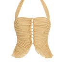 Yellow mustard lotus leaf mini top by Stolen Stores, featuring a stylish, sleeveless design with a ruffled lotus leaf detail.