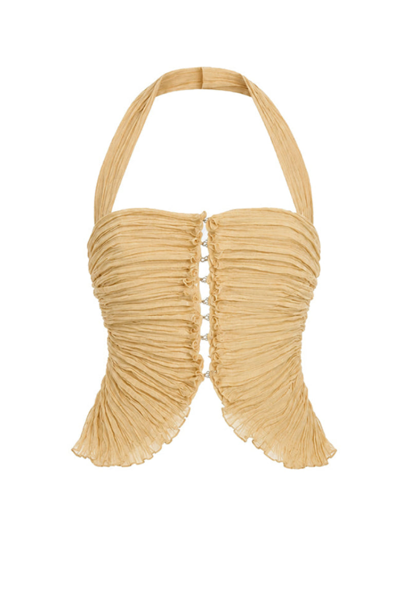 Yellow mustard lotus leaf mini top by Stolen Stores, featuring a stylish, sleeveless design with a ruffled lotus leaf detail.
