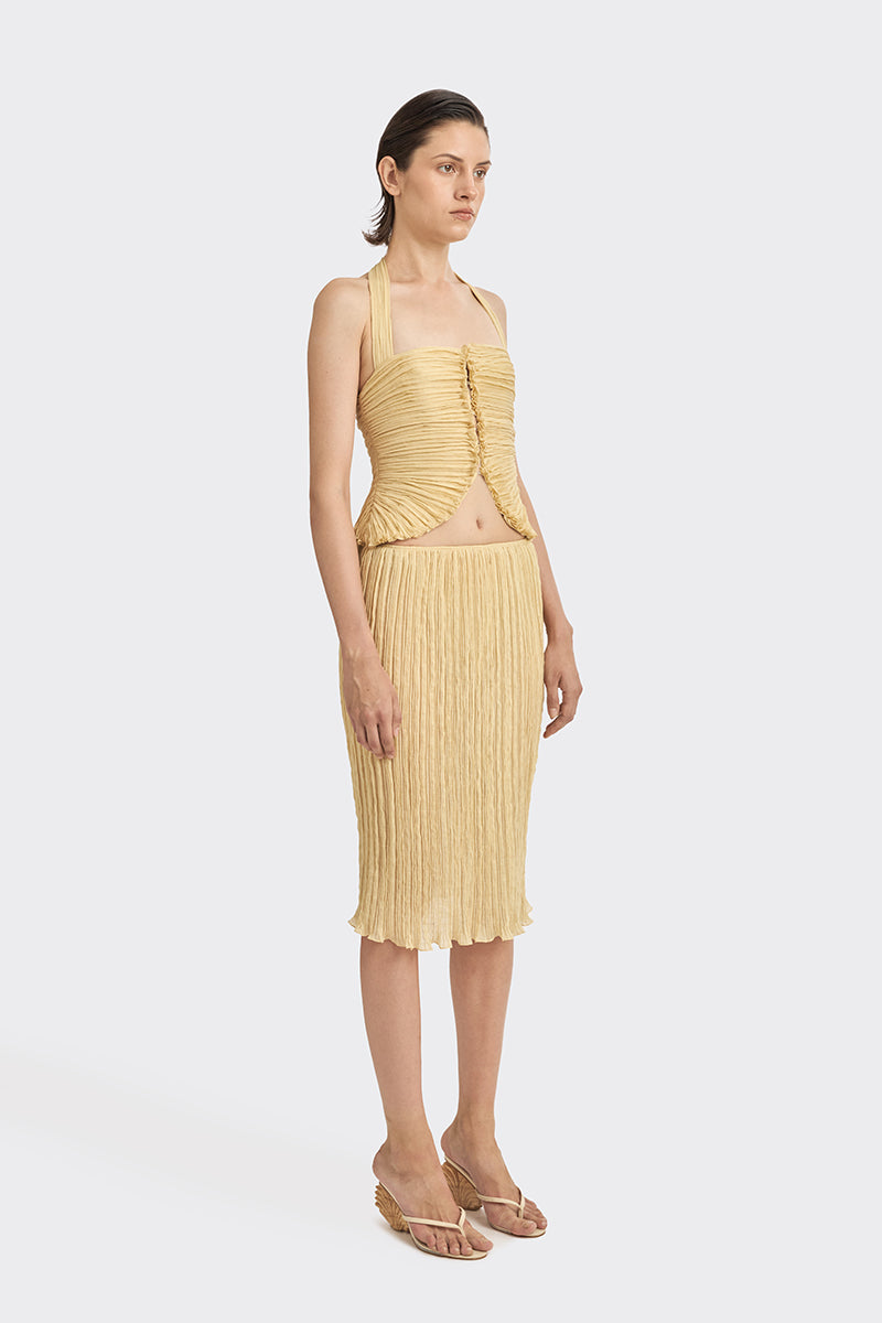 Yellow mustard Lotus Leaf Mini Top by Stolen Stores, featuring ruffled lotus leaf design and sleeveless style.