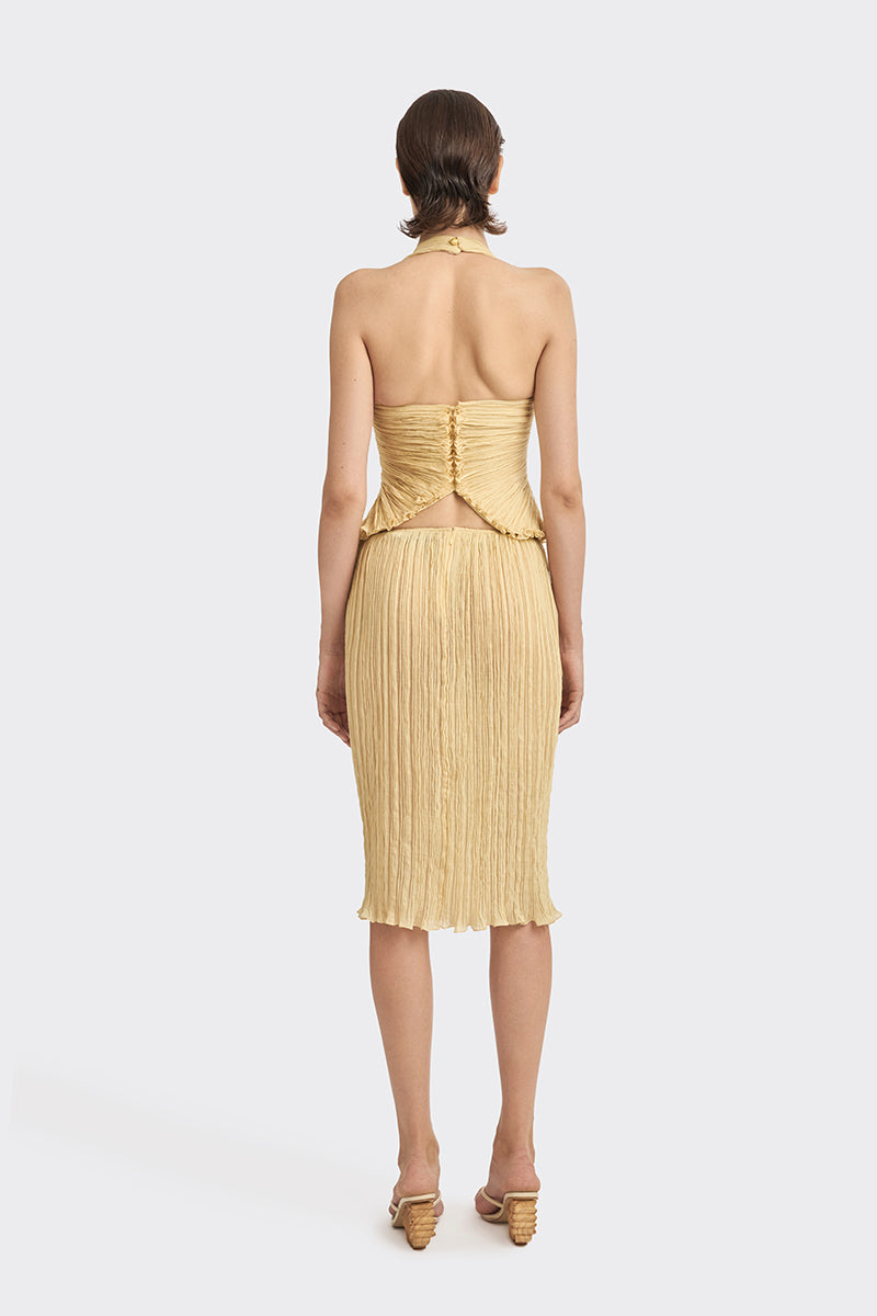 Yellow mustard Lotus leaf mini top by Stolen Stores, featuring a stylish sleeveless design and floral-inspired detailing.