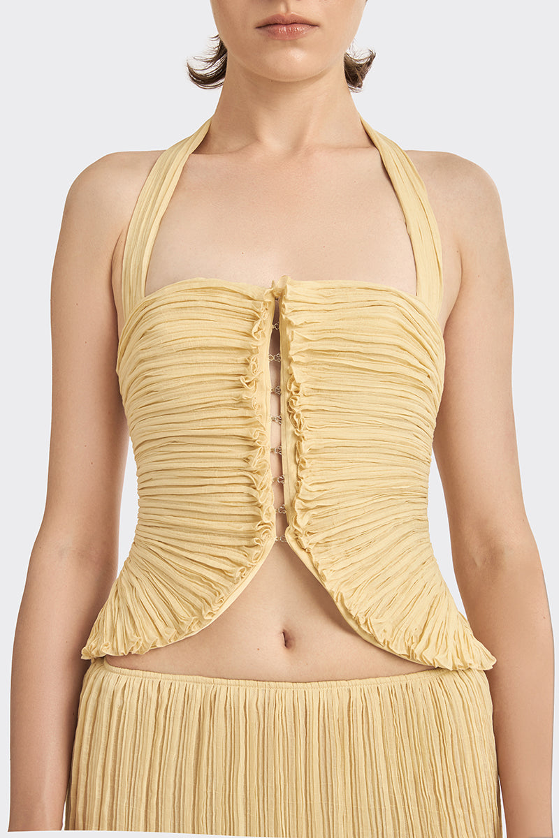 Yellow mustard Lotus leaf mini top by Stolen Stores, featuring a stylish, ruffled design and cropped fit.
