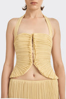 Yellow mustard Lotus leaf mini top by Stolen Stores, featuring a stylish, ruffled design and cropped fit.